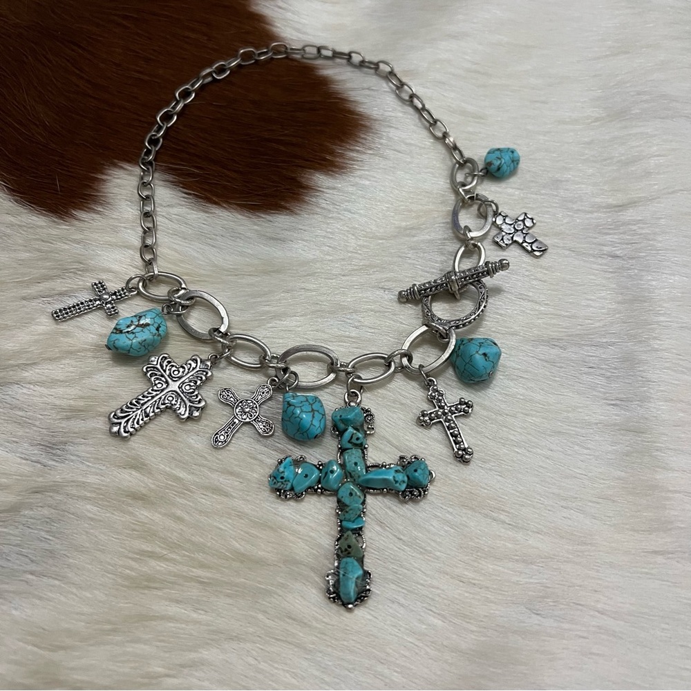 Turquoise Silver Cross Necklace